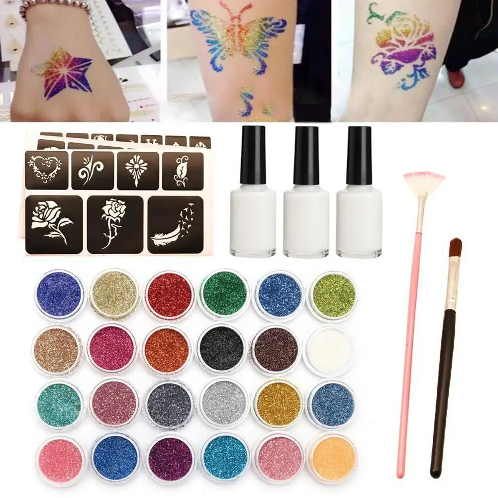 Glitter Tattoo Kits 24 Color 125 Templates Flash Diamond Flash for Temporary Tattoo Set Kids Face Body Painting Art Tools Set