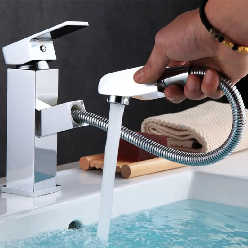 

Basin Faucet Tap Single Handle Chrome Finish Retractable Hole Deck Mounted Wash Hot Cold Mixer Bathroom Kitchen Sink