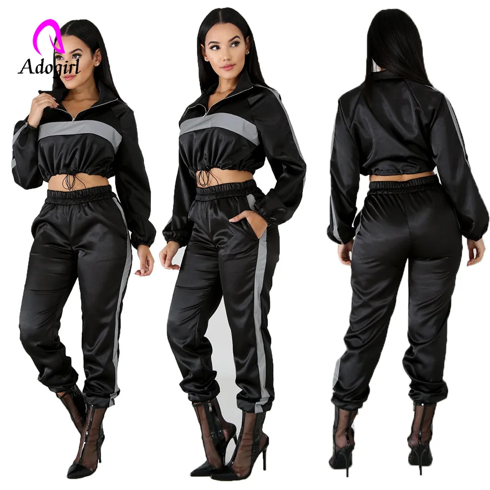 

Reflective 2019 Autum Tracksuit Sportwear 2 Two Piece Set Women Clothes Black Crop Top + Pants Sweat Suit Outfits Matching Sets