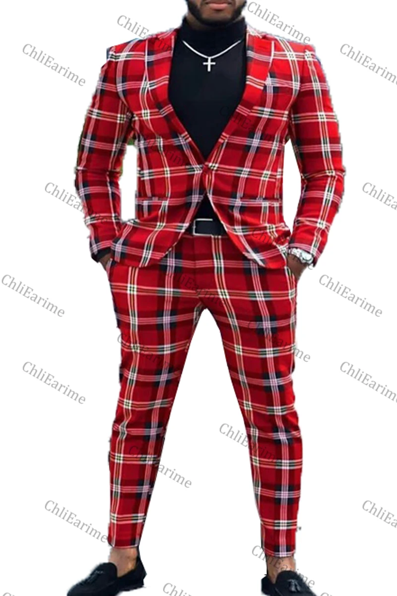 Men's red plaid casual formal suit + pants, 2 pieces, British style, personality, buttons on the lapel, wedding suit