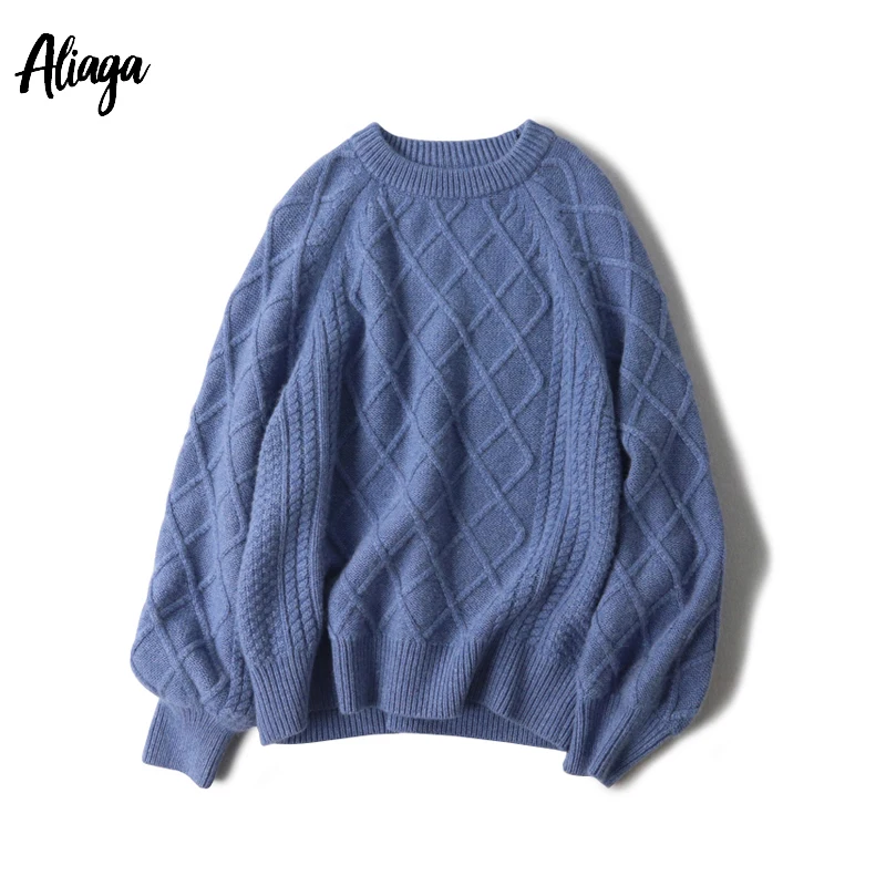 Aliaga Autumn Winter Sweater Women Long Sleeve Pullover 100% Cashmere Ladies Thick Cable Knit Big Size | Женская одежда