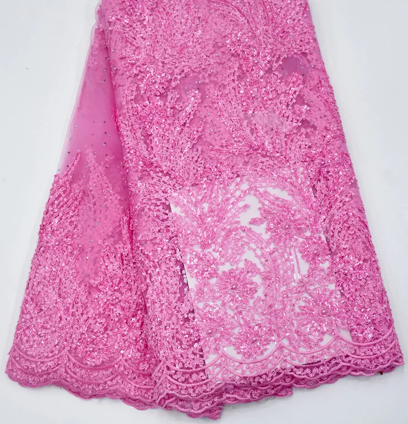 Розовая французская кружевная ткань с бисером tissu perlage Дубай африканская последовательная кружевная ткань блестящая ткань нигерийский кружевной Материал 5 ярдов