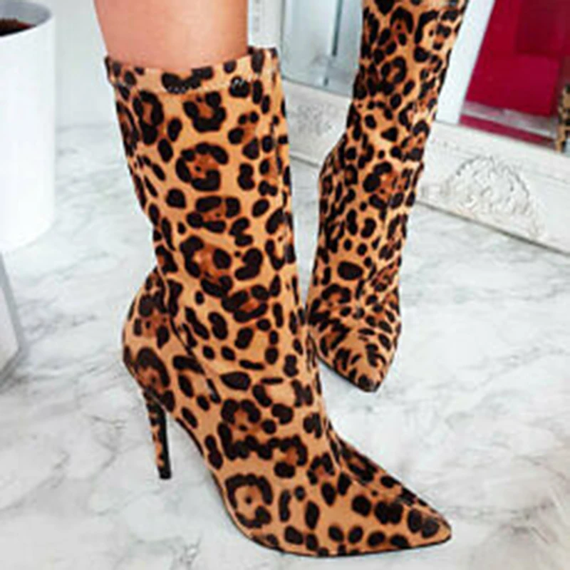 

2019 Women 11cm High Heels Suede Leopard Boots Fetish Sock Mid Calf Boots Dress Party Stiletto Heels Autumn Winter Luxury Shoes