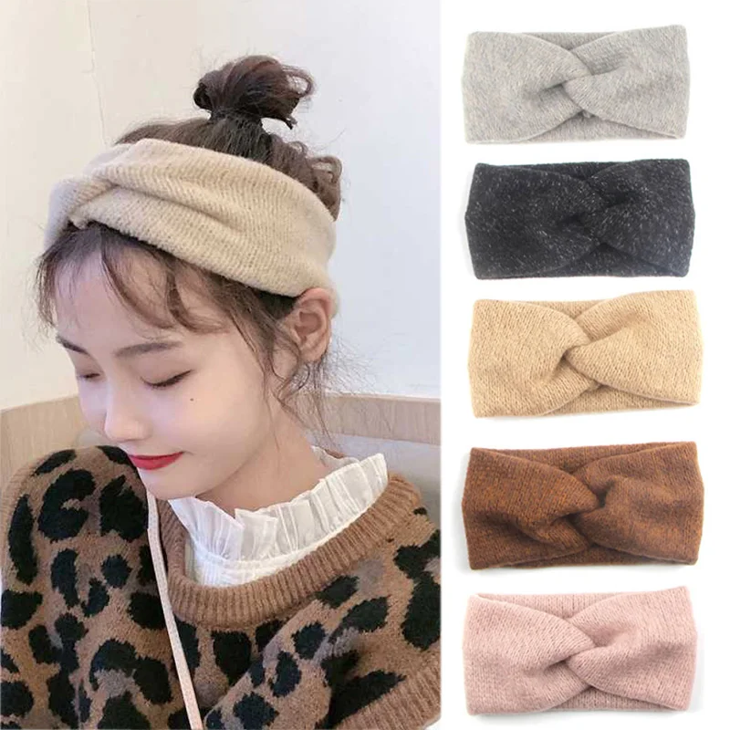 

Cross Knot Woolen Warm Elastic Hairbands Solid Color Knitting Headband Women Turban Girls Headwraps Fashion Hair Accessories