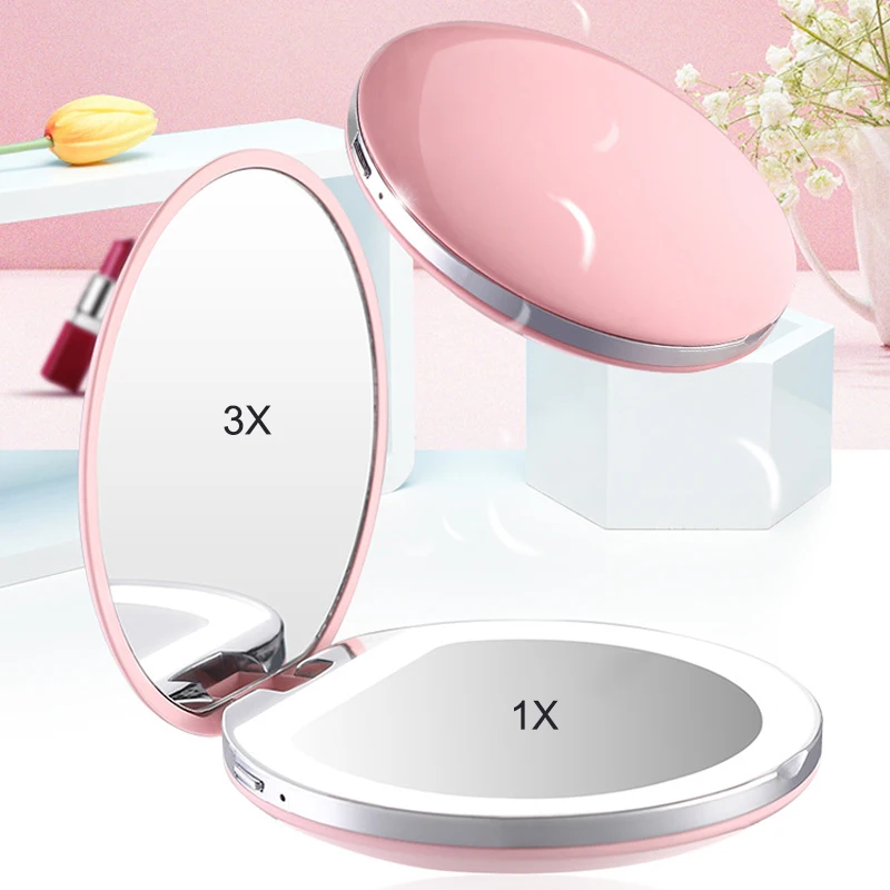 Зарядка через USB мини светодиодный портативное зеркало для макияжа компактное карманное зеркало 3 уровня яркость зеркало свет ручной зеркало 3X увеличительное
