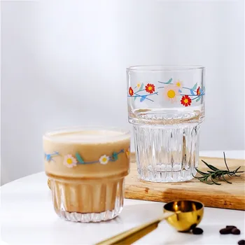 

Coffee Mugs Creative Shaped Glass Mug Chic Daisy Printed Breakfast Milk Coffee Cup Juice Crystal Drinkware Vertical Lines Mugs