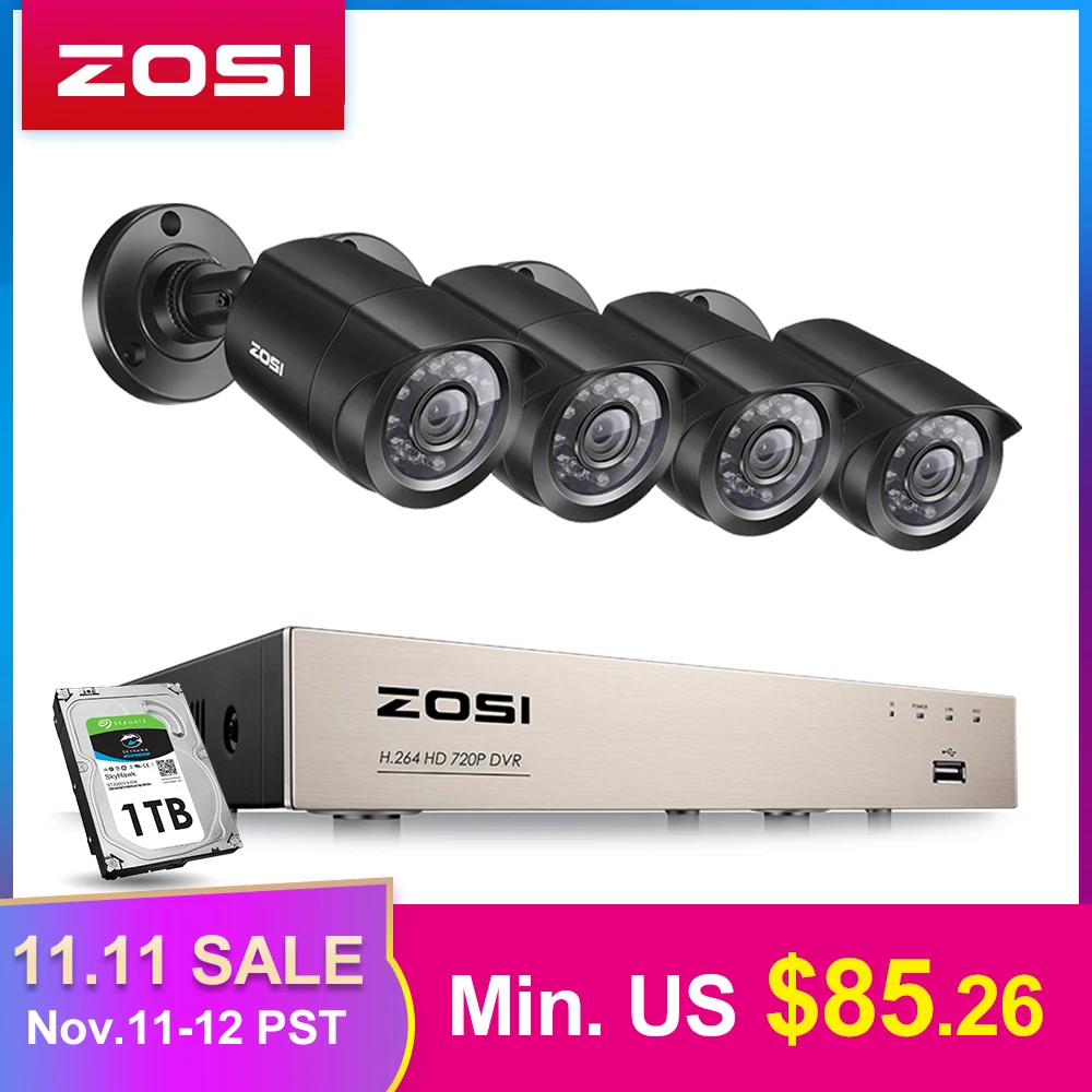 ZOSI 8CH CCTV System 4PCS 720p / 1080p Արտաքին անջրանցիկ անվտանգության տեսախցիկ DVR հանդերձանք օր / գիշեր Տնային տեսահսկման համակարգ