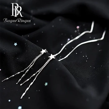 

Bague Ringen Pure 925 Sterling Silver Earrings for Women Tassels Long Ear drops Star Simple Design Girl Student Gifts Wholesale