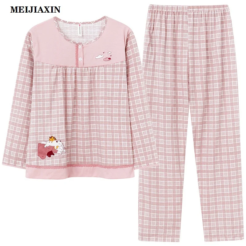 

New Spring Knitted Cotton Women Pajamas Set Cartoon Pijamas Mujer Long Sleeve Round Neck Loose 3XL Female Nighty