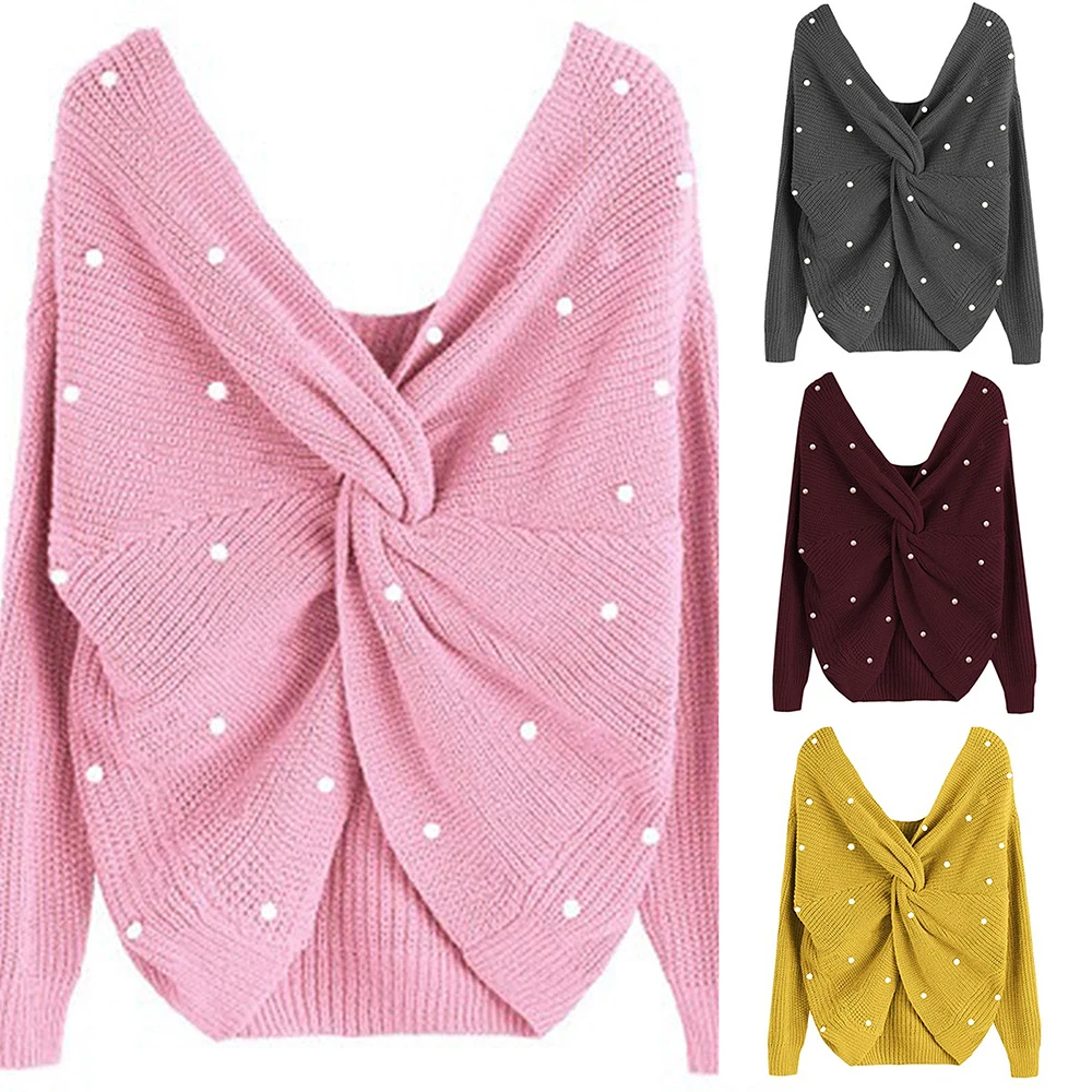 2019 Backless Cross Sweater Women V Neck With Beading Autumn Pullover Jumper Knitting Loose Pullovers Female Fashion Streetwear | Женская