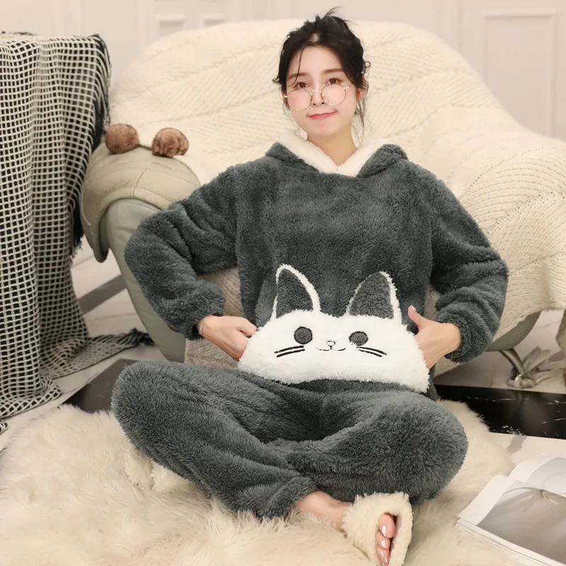 

[[Jun xin]] Autumn And Winter Pajamas Women's Long-Sleeve Long-Haired Cat Set Flannel Cartoon Thick Tracksuit