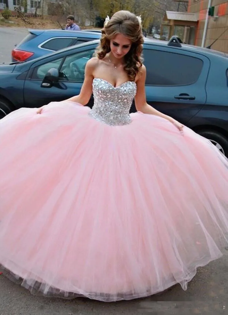 Sweet 16 Dress Pink Quinceanera Dresses Crystal Sequined Floor Length Corset Back Birthday Party Gowns vestido de debutante