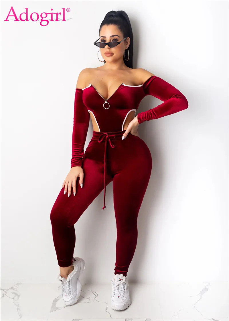 Ceny Adogirl Christmas Velvet dwuczęściowy zestaw damski dres Zipper Off Shoulder body z długim rękawem + spodnie ołówkowe modne garnitury