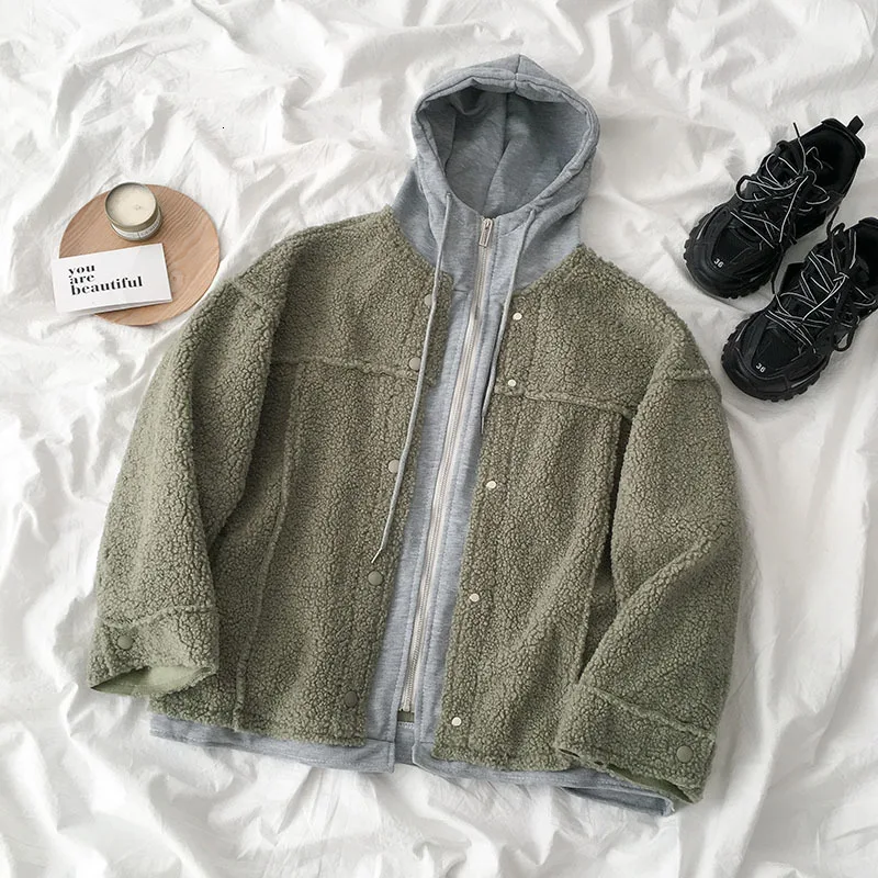 BF Свободное пальто из овечьей шерсти для женщин Harajuku винтажная Лоскутная куртка с капюшоном и длинными рукавами женская зеленая синяя Весенняя Верхняя одежда Топы пальто - Цвет: green