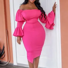 

Spring Clothes Flared Sleeve Fashion Dress Fall Women Clothing Sweet Style Solid One Word Collar Lady Office Dress Female Wear