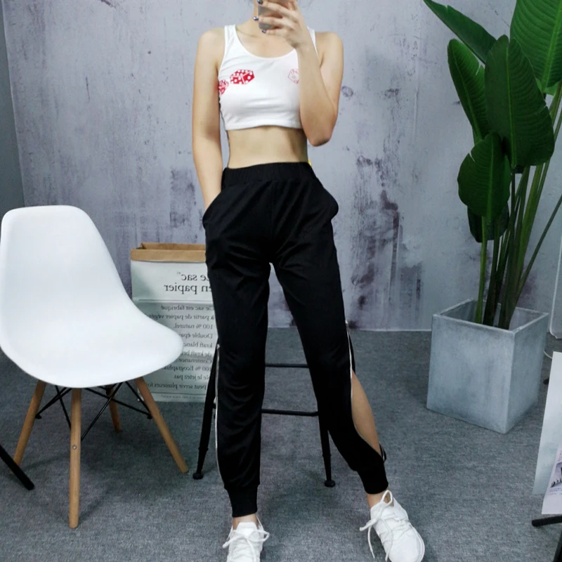 

Women Zipper Side Pants Black Slit Side Sweatpants