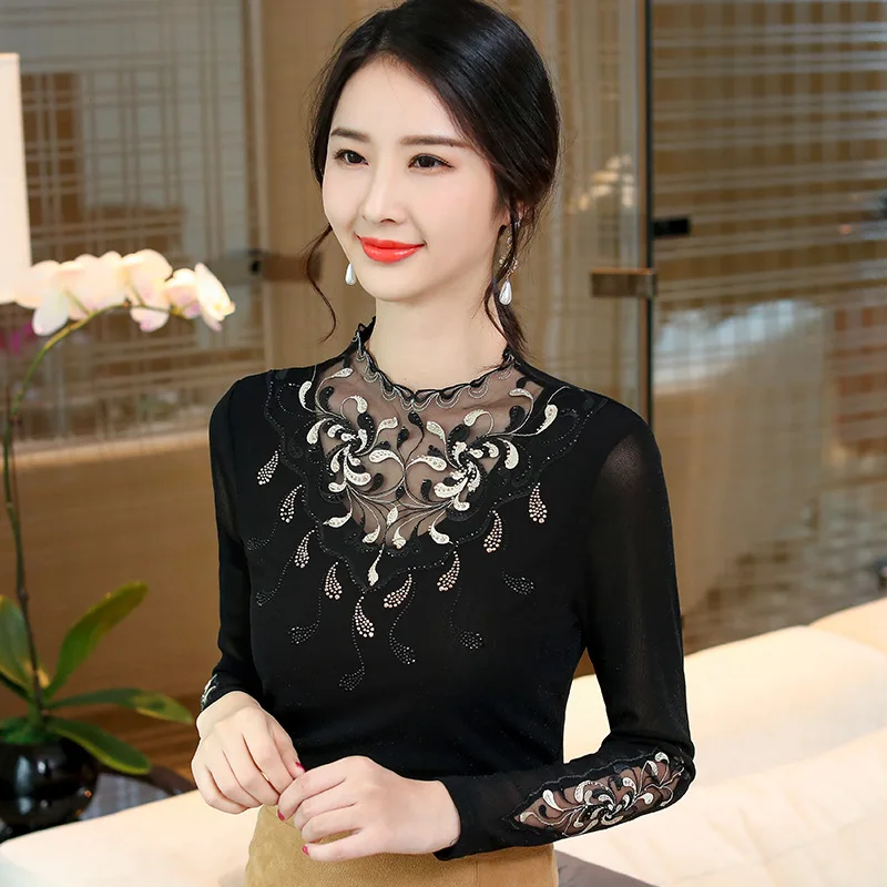 Dingaozlz M-4XL Autumn New Mesh Lace shirt Plus size embroidery Tops Elegant long-sleeved elasticity Women t-shirt