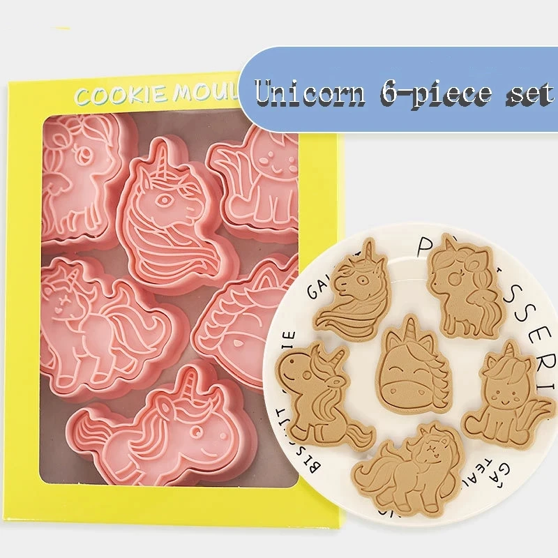 6Pcs/set Unicorn Shape Cookie Cutters Plastic 3D Cartoon Pressable Biscuit Mold Stamp Kitchen Baking Pastry Bakeware Tool | Дом и сад