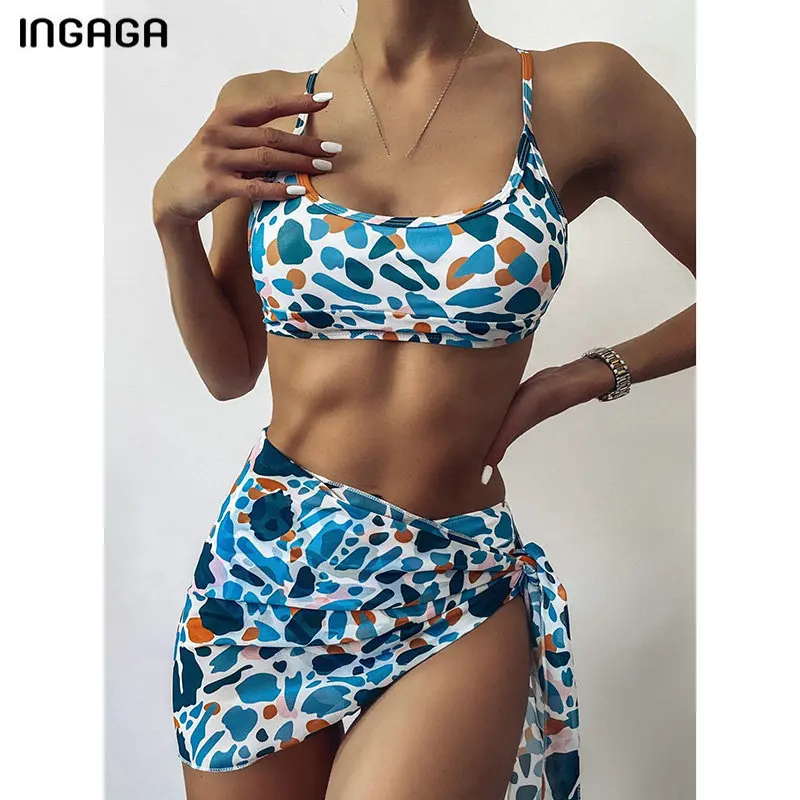 

INGAGA Halter Bikinis Push Up Swimsuits Swimwear Women Three Piece Biquini Printing Bathing Suits Sexy Mesh Beachwear 2020 New