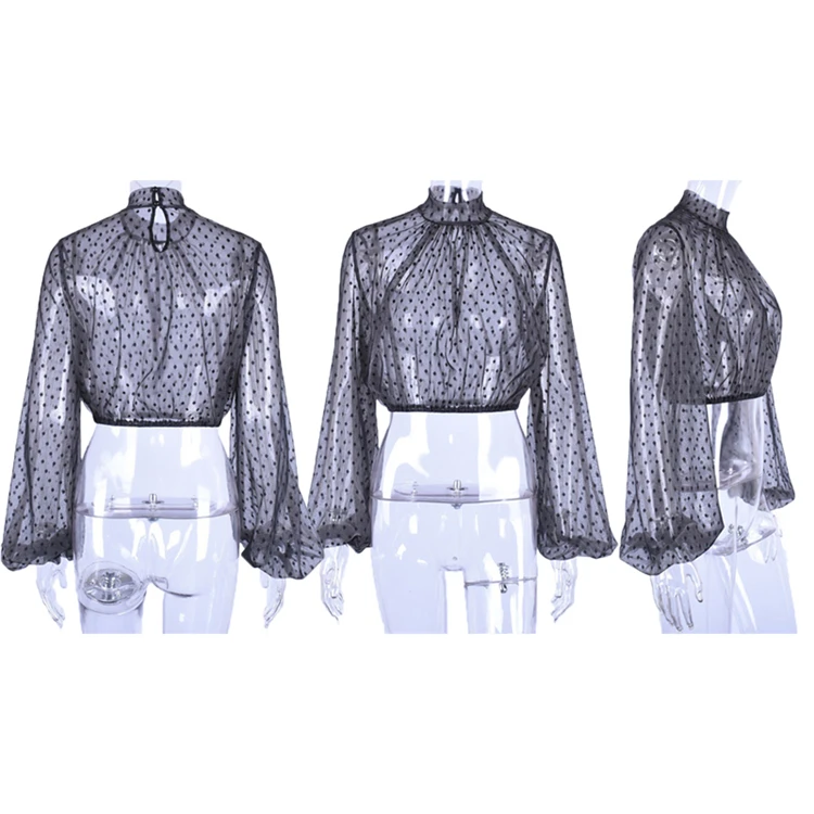 A120176 hot sale sexy see through dot mesh puff sleeve crop top woman clothing blazer clothes