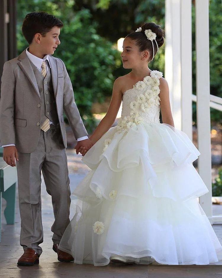 

Kids One Shoulder Lace Flower Girls' Dresses For Weddings Beading Tiered Ruffles Little Girl Party First Communion Dress