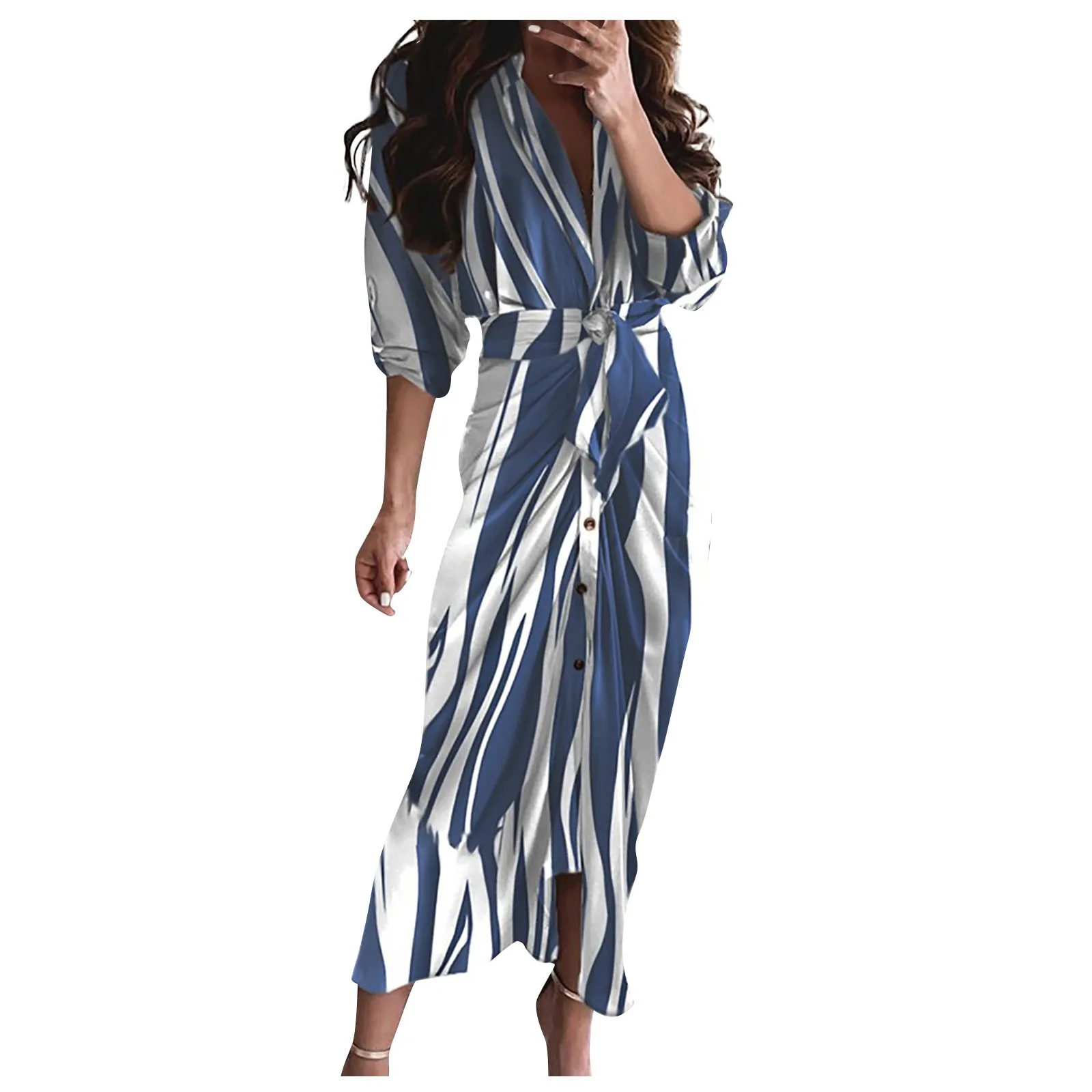 Fashion Casual Women Dress Short Sleeve Beach Long Dress Sexy V Party Elegant Button Draped Bandage Lady Dress Mujer Vestido 2