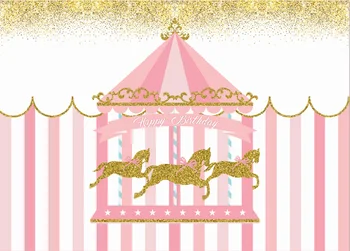 

7x5FT Gold Glitter Carousel Carrousel Merry-go-round Happy Birthday Party Custom Photo Backdrop Background Vinyl 220cm X 150cm