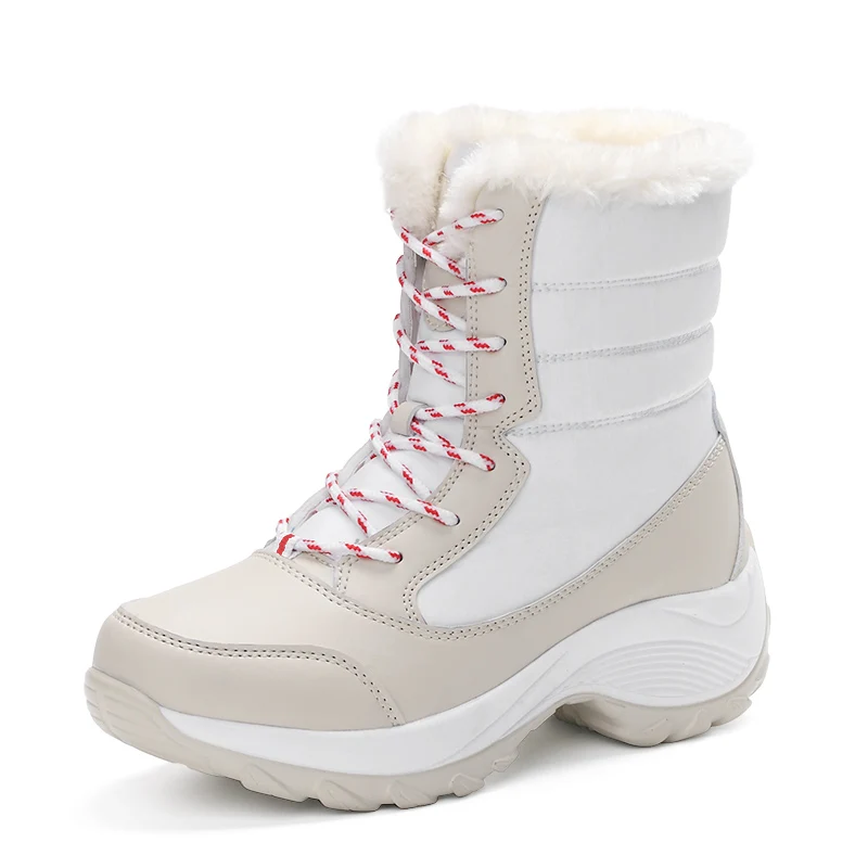 Classic Women Winter Snow Boots Waterproof Fur Women Ankle Boots Slip on Warm Plush Boots Wedges Lace-Up Mid-Calf Boot 35-42 - Color: White