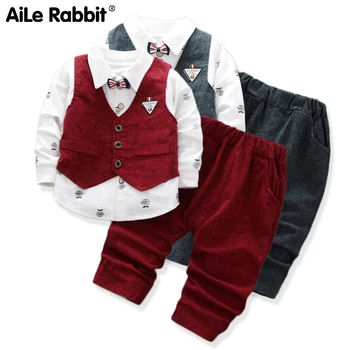 

Boy Clothes Suit Vest Shirt Pants 3 Piece Set Gentleman's Clothes Suit Red Boy Baby Clothes Set Long-sleeved Autumn New Arrival