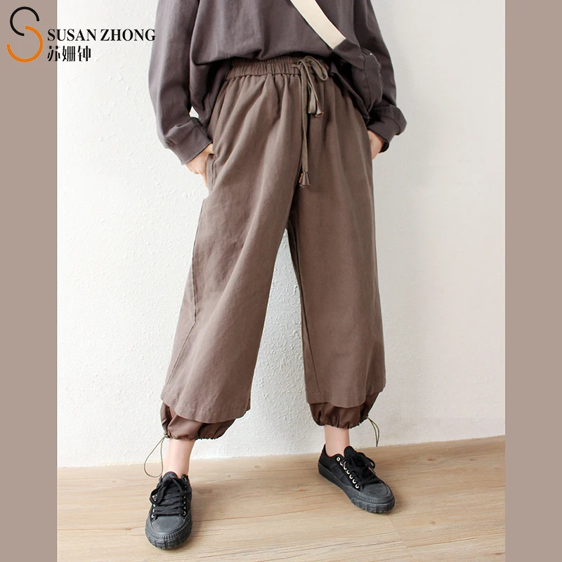 

Women Pants Female Trousers Herem Lace-Up Cuff Elastic Waist Spliced Big Pockets Japanese Style For Casual Occasions