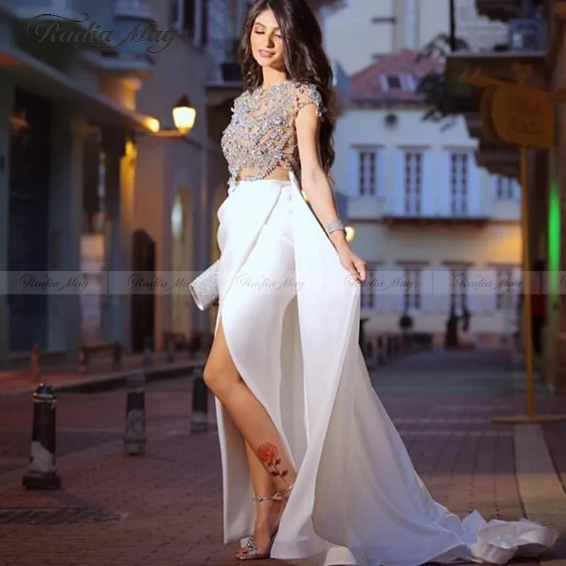 Элегантное кристально белое длинное арабское вечернее платье со съемной юбкой с разрезом марокканский кафтан Дубай женские вечерние платья для выпускного вечера
