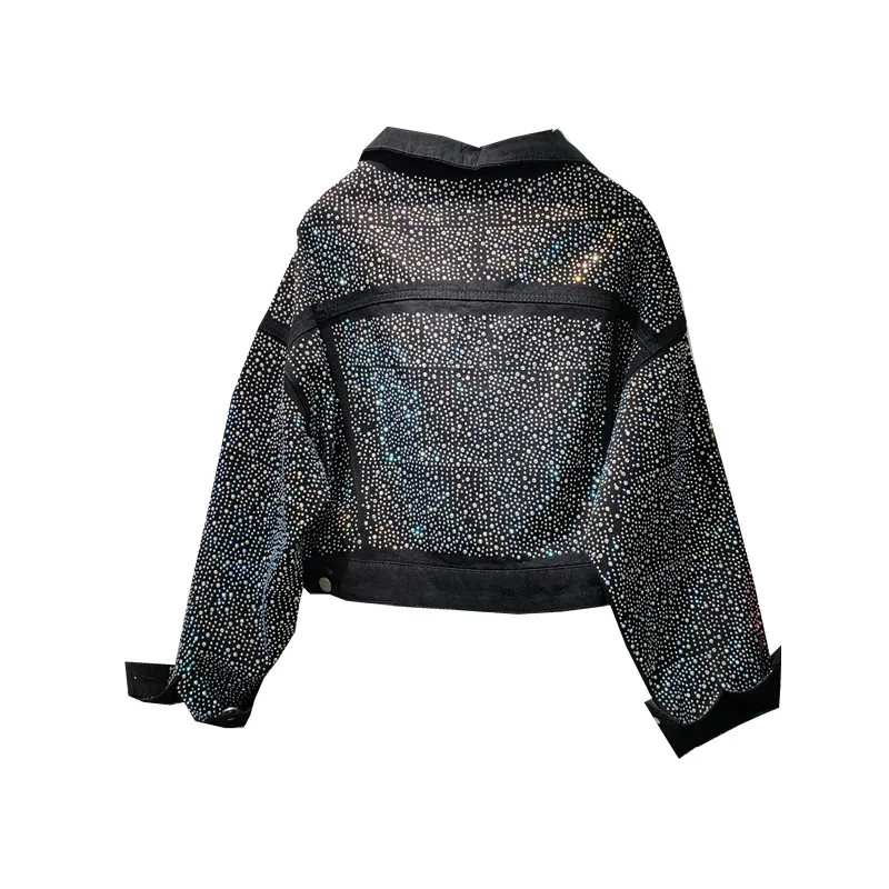New  2019 Fall New Heavy Work Hot Drill Denim Jacket Woomens Short Jackets Female Black Long Sleeve Leis