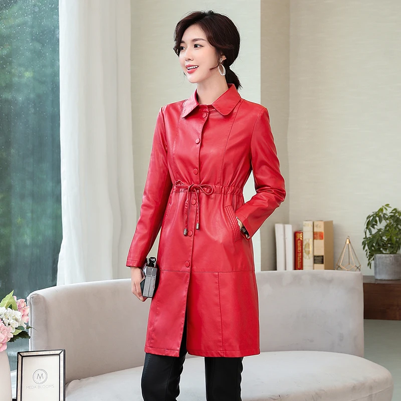 SWREDMI Drawstring Slim Fashion Long Leather Trench For Women Female Leather Jackets And Coats Plus Size S-5XL Oversize Clothing