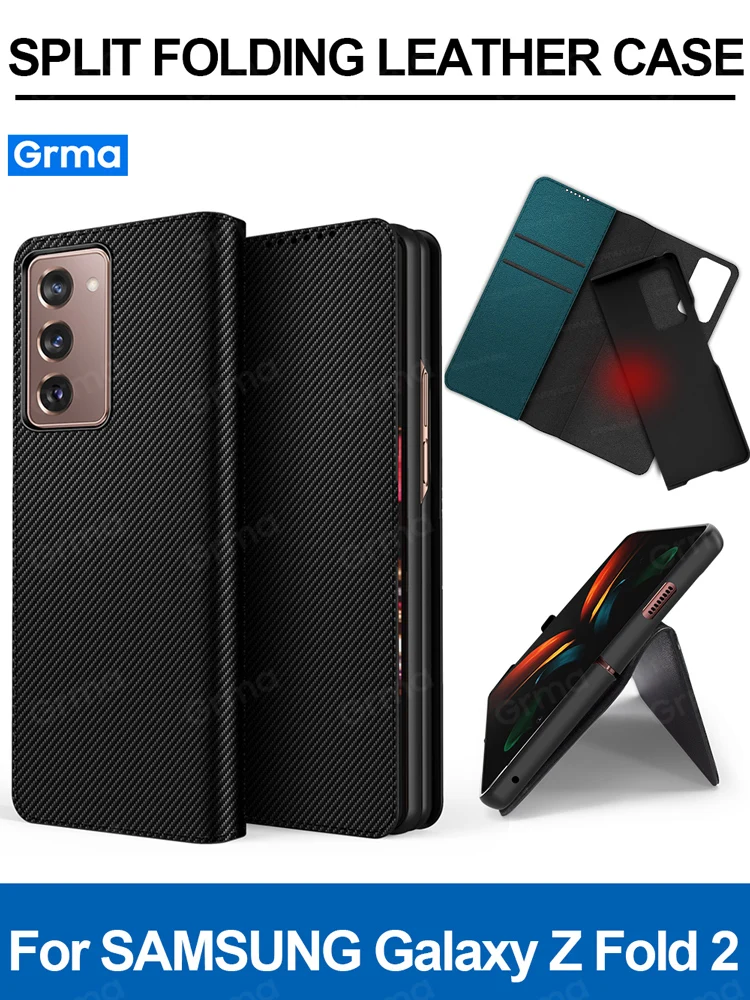 Grma Luxury All Covered Vegan Leather Carbon Fiber Flip Case For Samsung Galaxy Z Fold2 Fold 2 Folder 2 5G Foldable Phone Cover