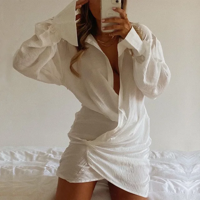 Cryptographic Linen Sexy Draped Mini Shirt Dresses Autumn 2021 Elegant Oversized Dress Wrap Ruched Shirts Dress Fashion Outfits 2