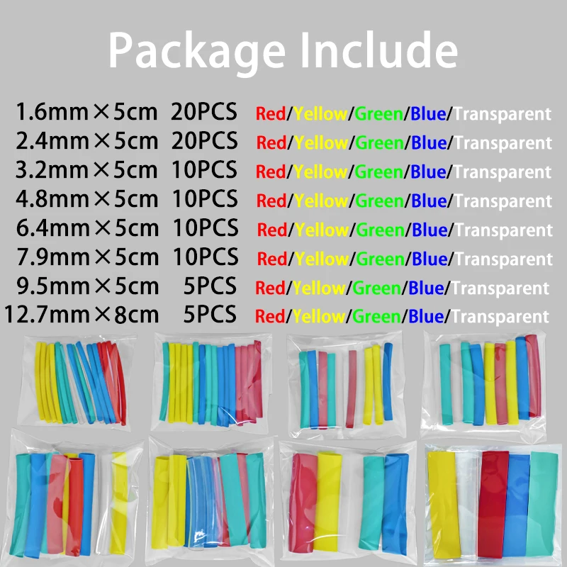내부 접착제가 있는 3:1 열 수축 튜브, 랩 와이어 케이블 키트, 90 PCs, 8 사이즈, 1.6, 2.4, 3.2, 4.8, 6.4, 7.9, 9.5, 12.7mm