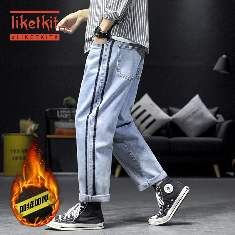 Liketkit мужские повседневные джинсы мужские Свободные флисовые плотные джинсовые штаны в полоску сбоку мужские прямые винтажные джинсы Уличная зимняя одежда