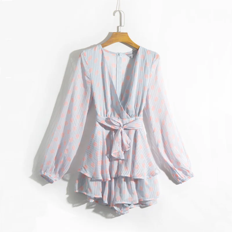 fall bodysuit women casual chiffon womens clothing long sleeve jumpsuit women printing rompers womens jumpsuit - Цвет: Light blue