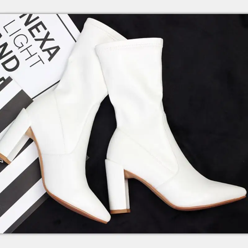 

Sexy Women's White Boots Pointed Toe Elastic Ankle Boots Thick Heel High Heels Shoes Woman Female Socks Boots 2019 Botas Mujer