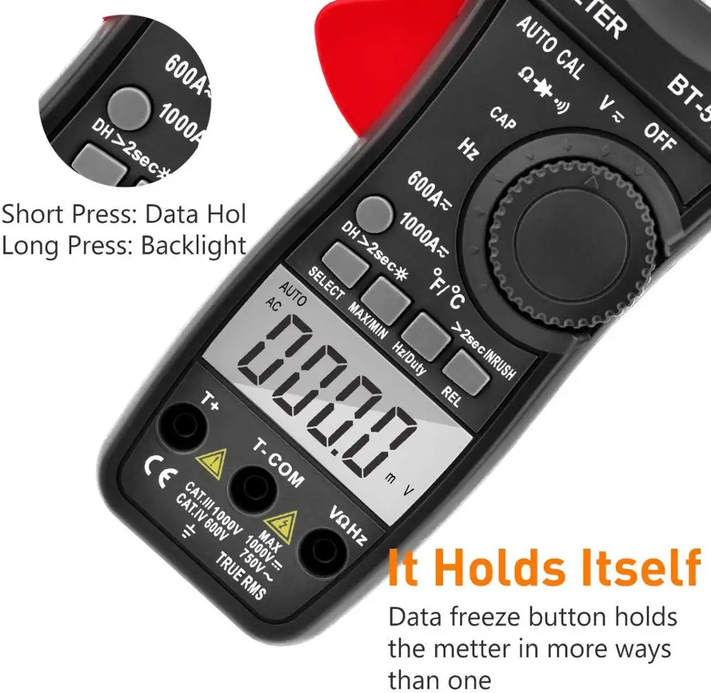 BTMETER-570N True RMS 디지털 클램프 미터, 자동 범위 6000 디스플레이 AC/DC 전류 및 전압 테스터 미터, 돌입 전류 테스트