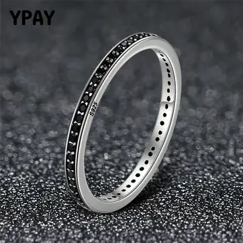 

YPAY Classic Black Zircon Stackable Rings for Women 100% Genuine 925 Sterling Silver Finger Ring Fine Jewelry Gifts YMR166