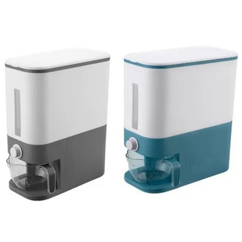 

2 Pcs Automatic Plastic Cereal Dispenser Storage Box Measuring Cup Food Tank Rice Container, Gray-White & Blue-White