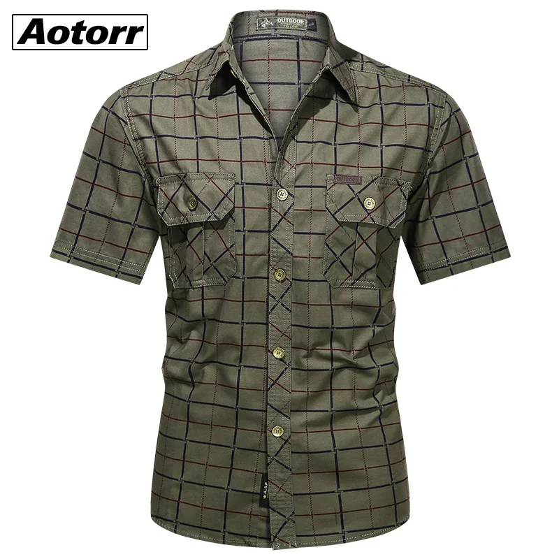 

2023 Summer Men Military Shirt Short-sleeve Dress 100% Cotton Top Work Clothing Casual Tops Male Lapel Plaid Shirt Plus Size 5XL