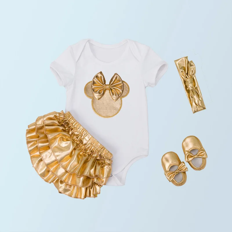 4pcs/Sets Baby Girl Clothes Sets Infant Newborn Clothing Cotton Rompers Ruffle Bloomers Shoes Headband Ropa De Bebes Infantil