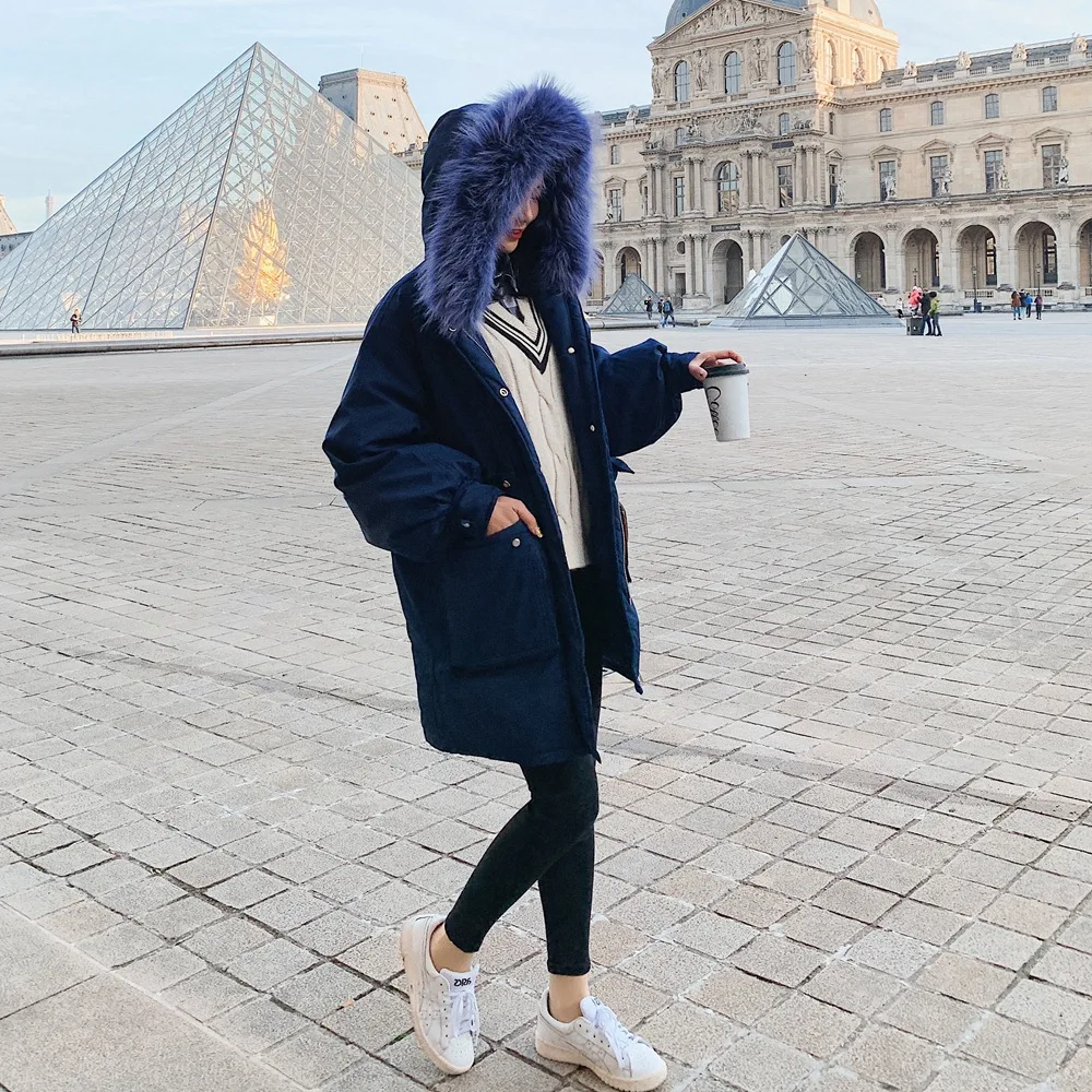 

Photo Shoot 2018 Winter New Style Retro Fashion CHIC Wind Mid-length Hooded Large Fur Collar Cotton Coat Women Coat