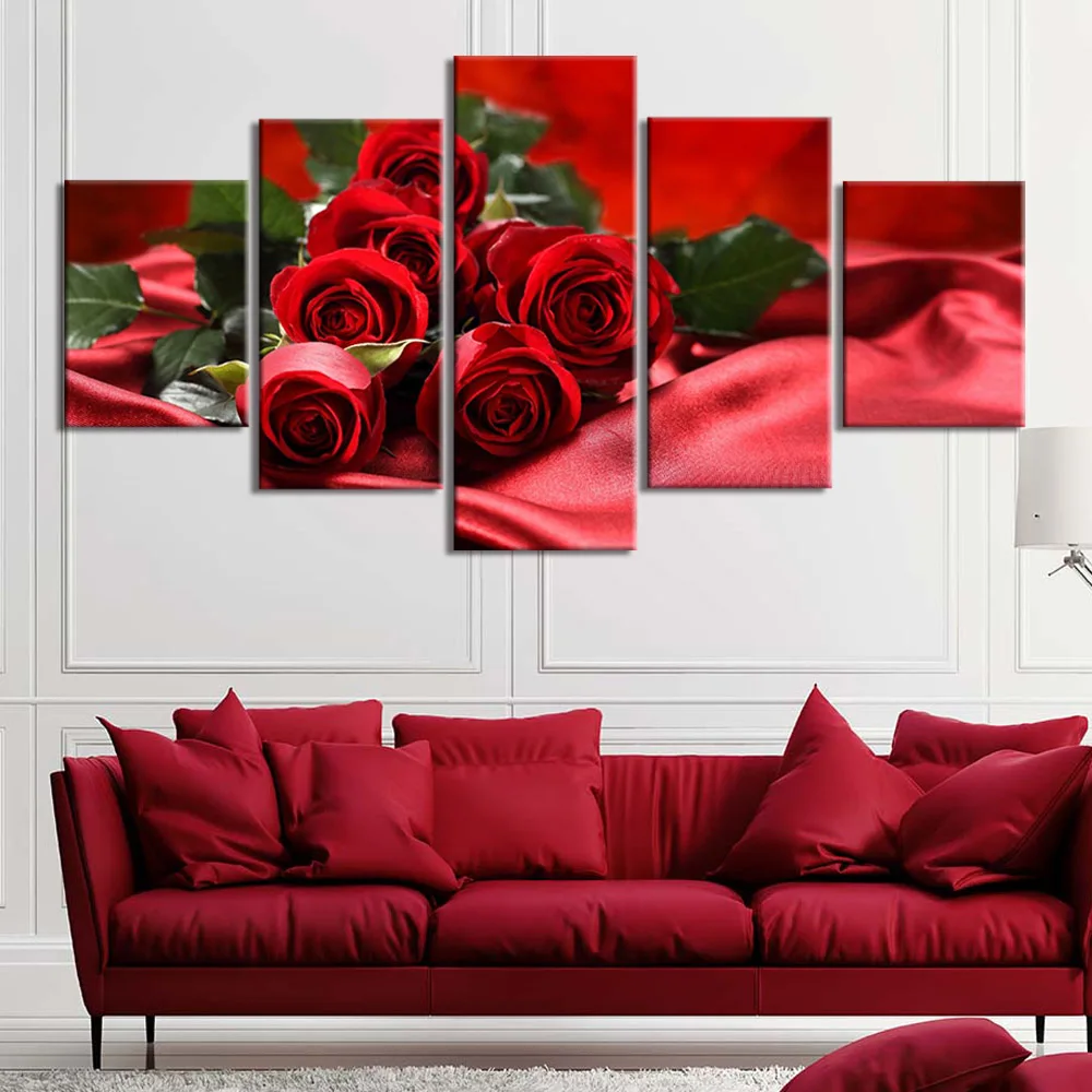 Beautiful Red Rose Flower 5 panel canvas Wall Art Home Decor Poster Print 