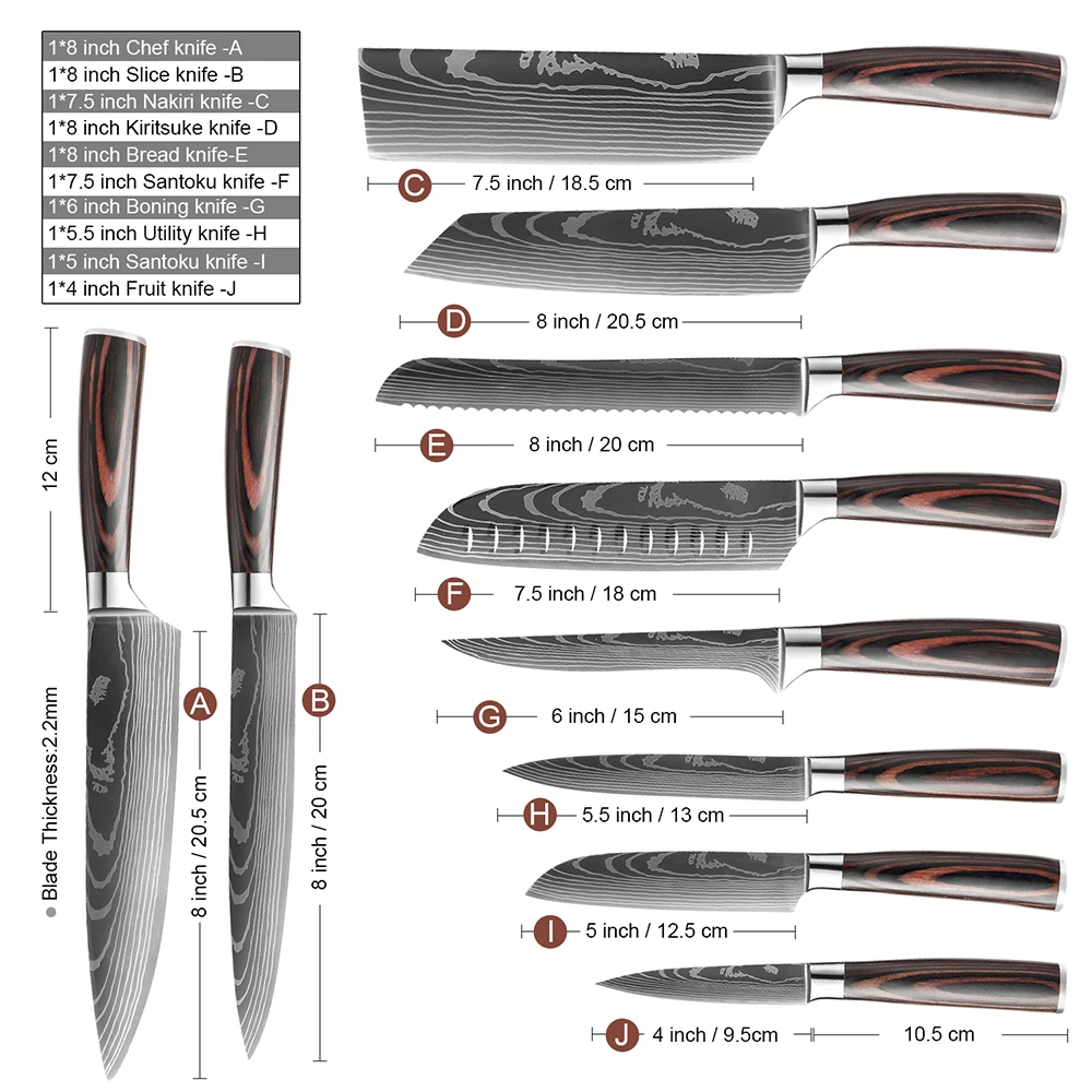 XITUO Chef knife 1-10 Pcs Set Kitchen Knives Laser Damascus Pattern Sharp Japanese Santoku Knife Cleaver Slicing Utility Knife