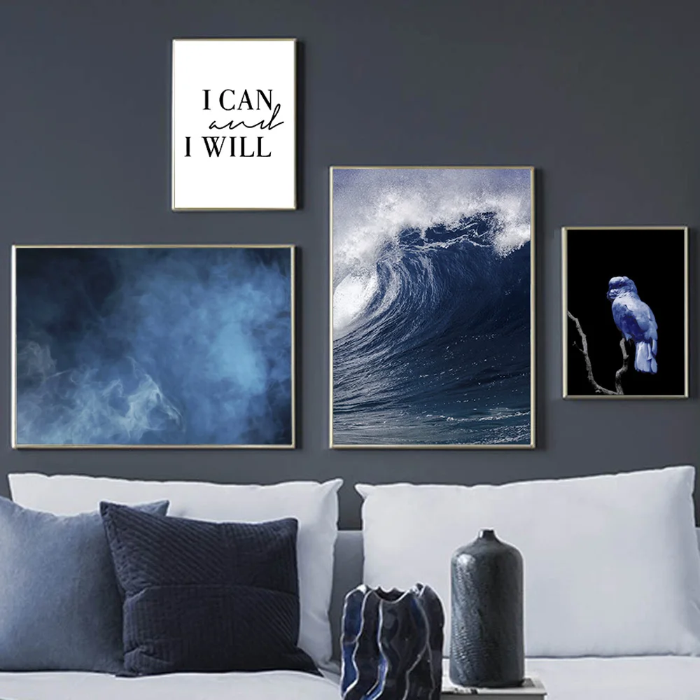 Abstract Painting Poster Blue Wave Canvas Nordic Wall Paintings For Bedrooms Quotes Bird Print Decor Home | Дом и сад