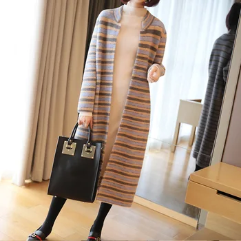 

Sweater Coat Ladies Autumn and Winter 2019 Stripes Long Sleeve Knit Cardigan Women Trendy Leisure Plus Size Mohair Cardigans