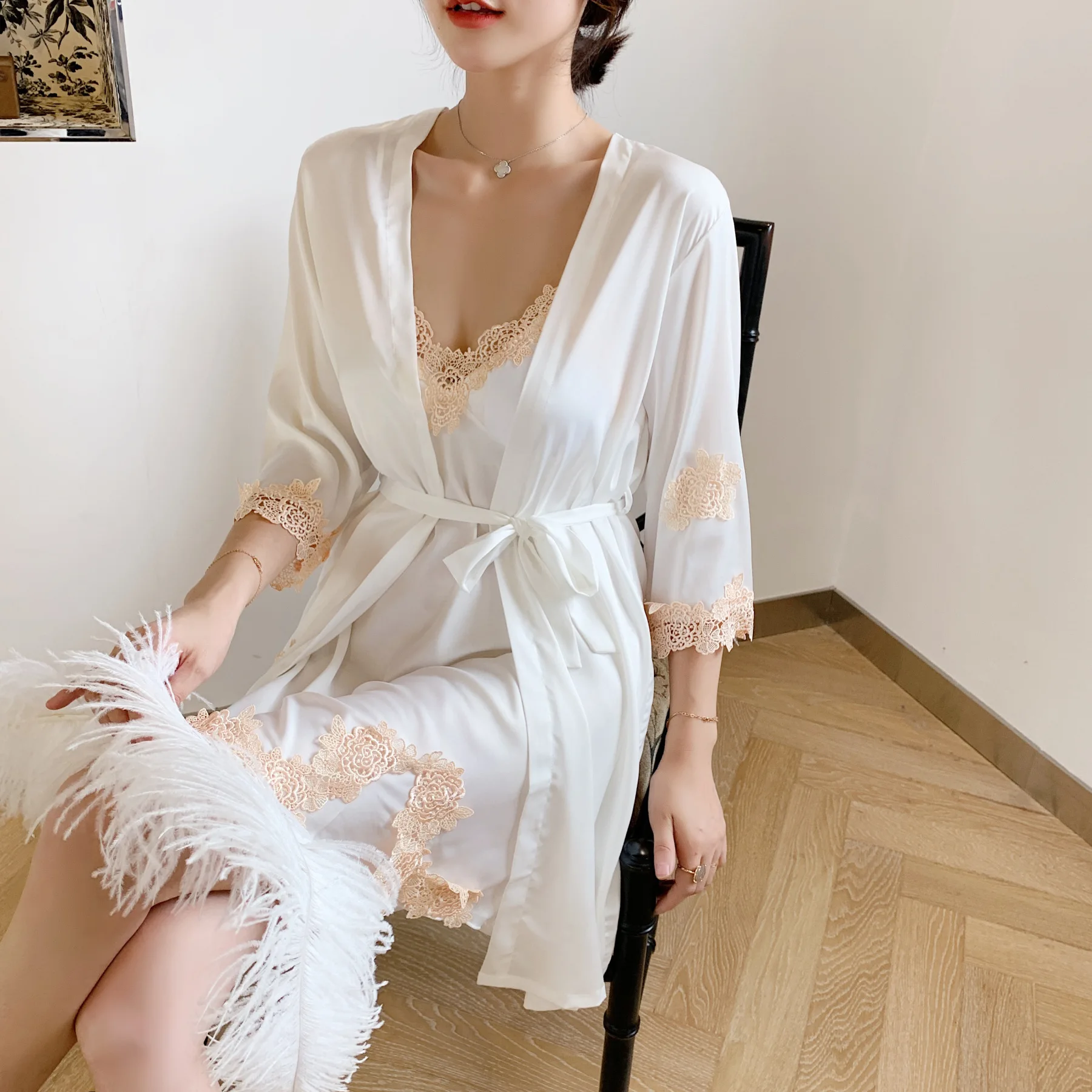 Summer New 2 Pcs Set Women Pyjama Solid Color High Quality Lace Sexy Sleepwear With Chest Pad Pajamas